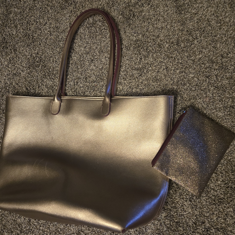 Bath & Body Works Metallic Gold Tote Bag with Dark Purple Handles